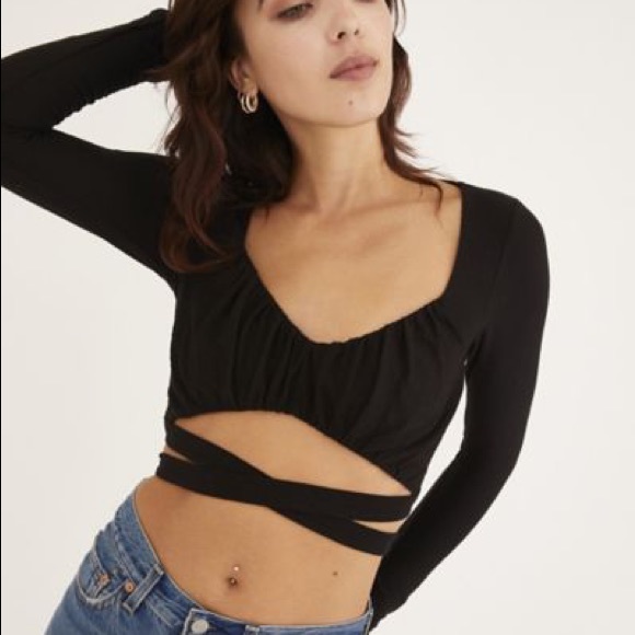 Urban Outfitters | Tops | Black Cross Tie Long Sleeve Crop Top | Poshmark